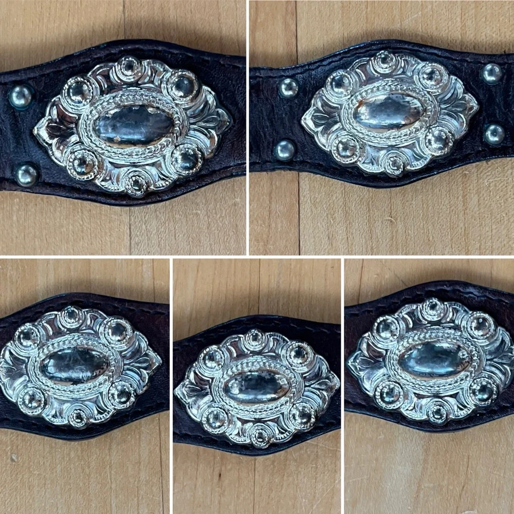 🩶Vintage Concho Leather Belt with Silver Accents & Removable Silver Buckle | S/M - Picture 7 of 16